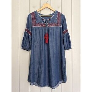 Given Kale Dress XS Chambray Embroidered Tassel Peasant Boho Denim V-Neck